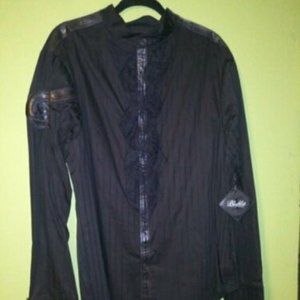 Lip Service Blacklist Poet Shirt with Mandarin Collar and Rose Embroidery - 2XL